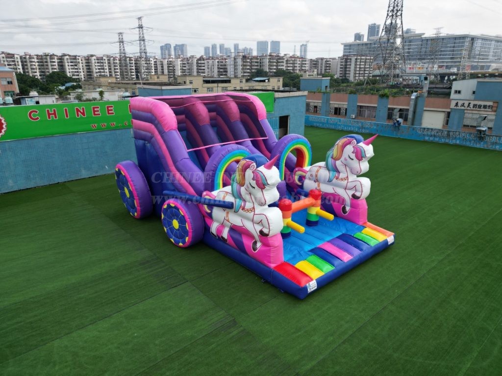 T8-4183 Rainbow Unicorn Carriage Double Inflatable Slide